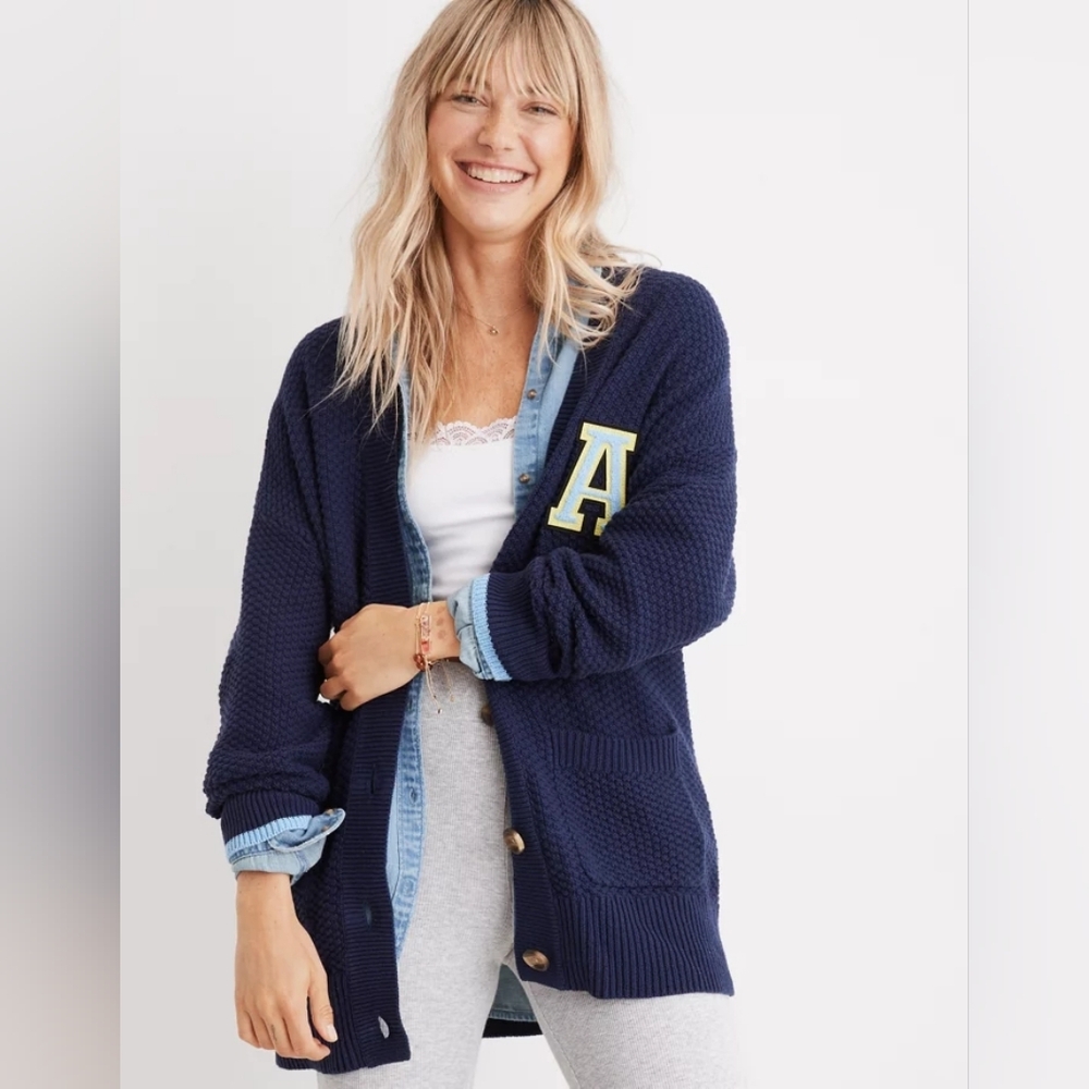 Aerie Sweater Cardigan Oversized Varsity XS Navy academia Sweater 100% Cotton